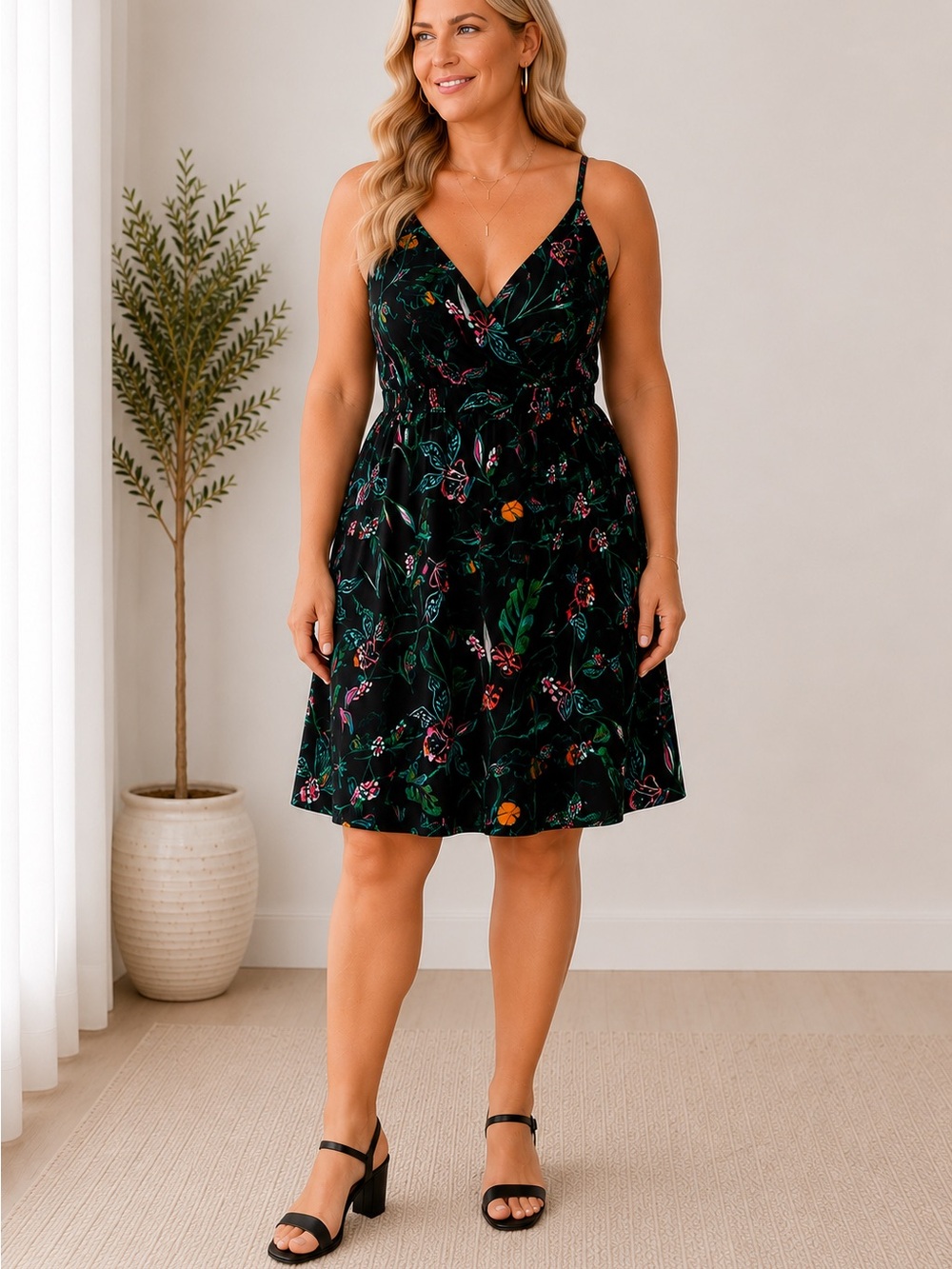 Floral Black summer Dress XL